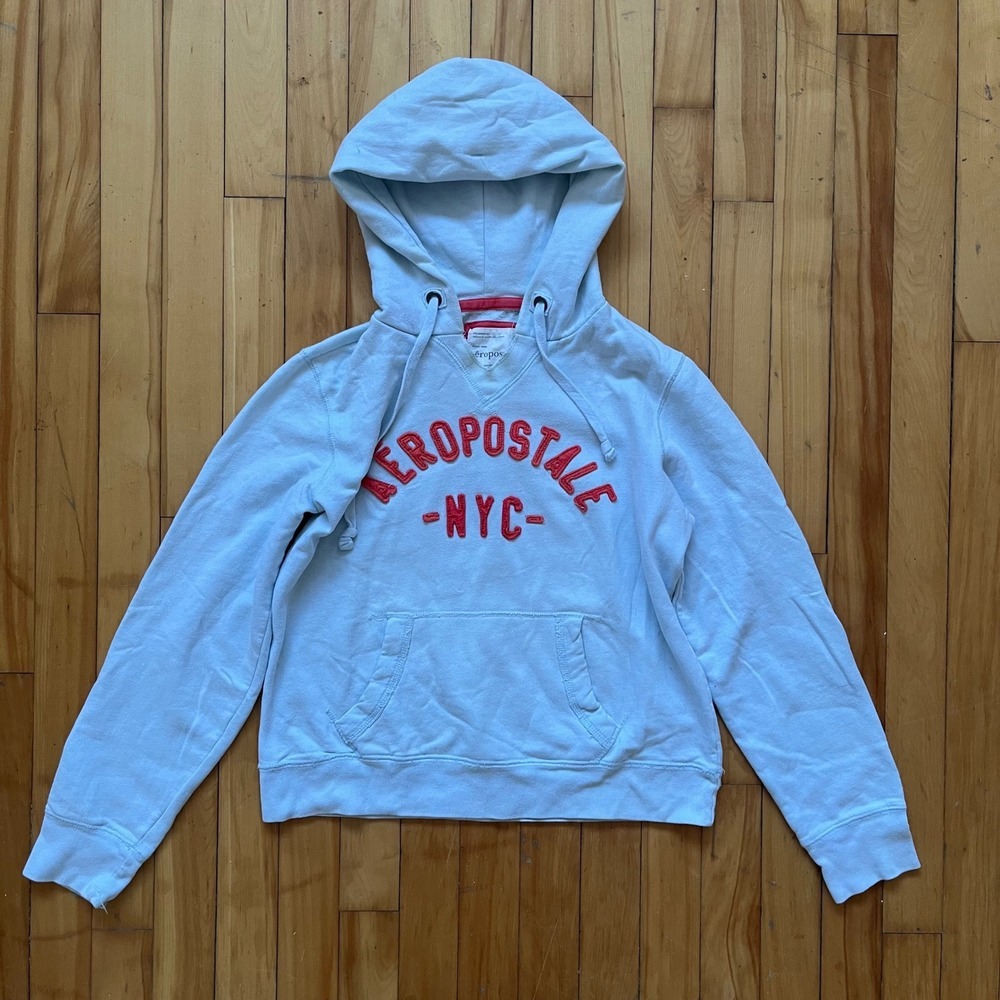 Aeropostale Hoodie Light Blue Red Logo Graphic Pullover Sweatshirt Size Large